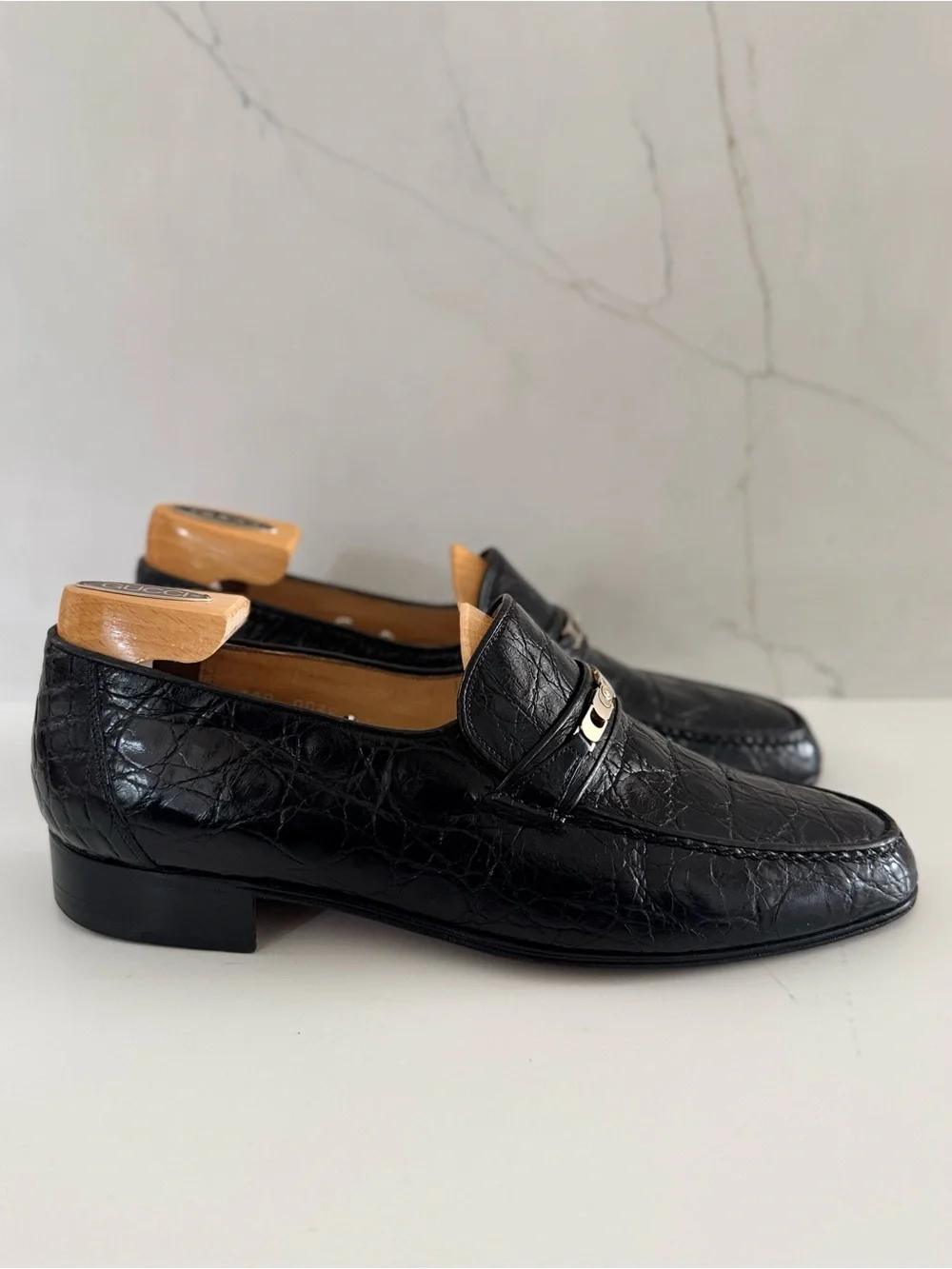 Gucci Vintage Black- Horsebit crocodile-embossed loafers Shoes  Sz 42.5-US 9-9.5